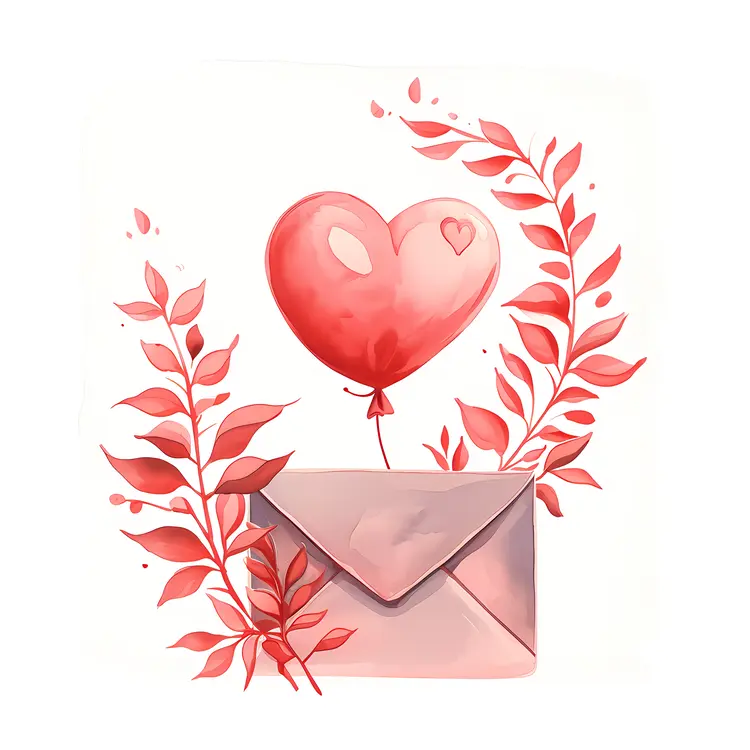 Heart Balloon and Envelope with Leaves Illustration