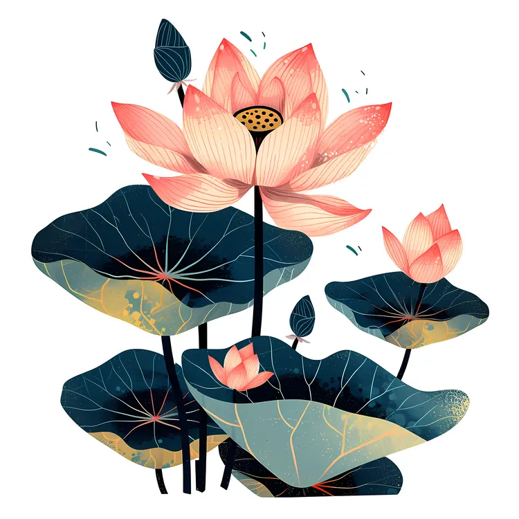 Lotus Flower with Multiple Buds and Leaves