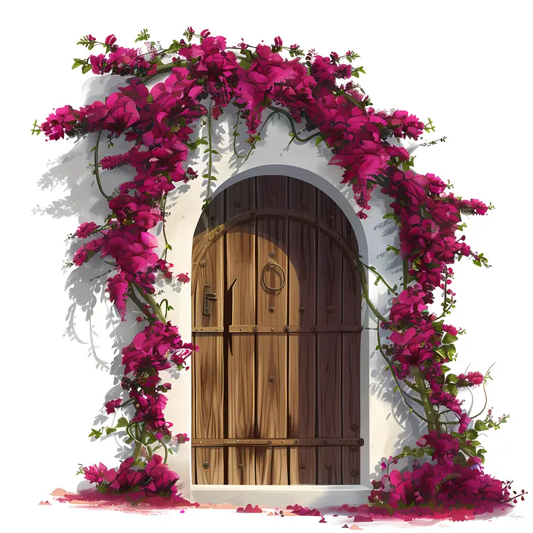 Wooden Door with Pink Bougainvillea Arch