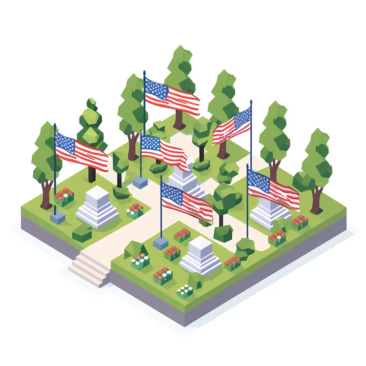 Isometric Memorial Park with American Flags