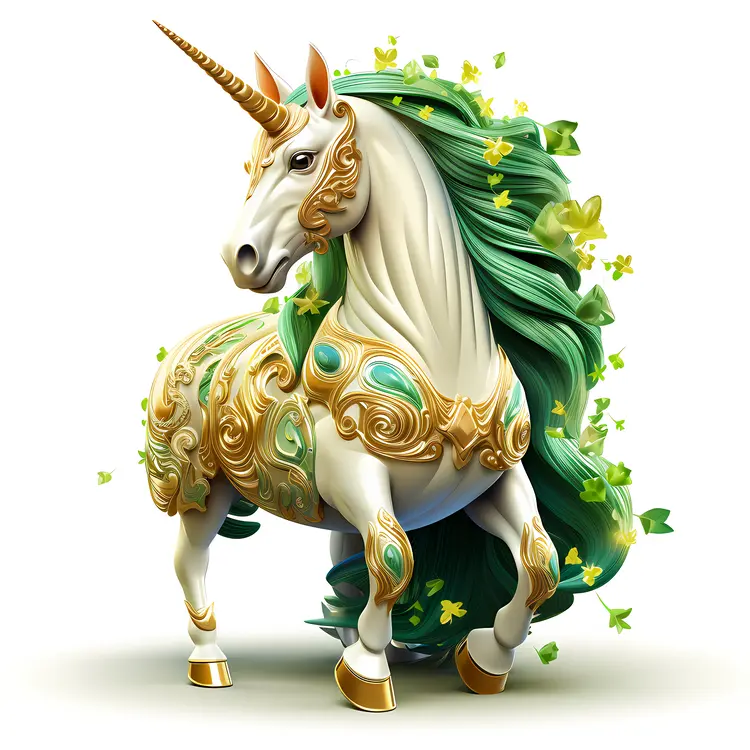 Regal White Unicorn with Green and Gold Armor