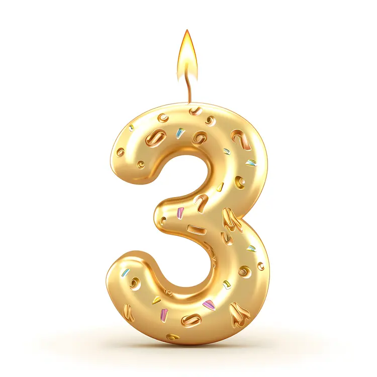 Golden Number 3 Candle with Sprinkles for Birthday Celebration