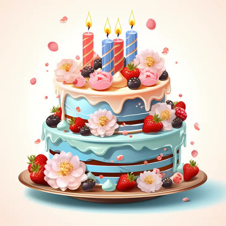 Birthday Cake with Candles and Flowers