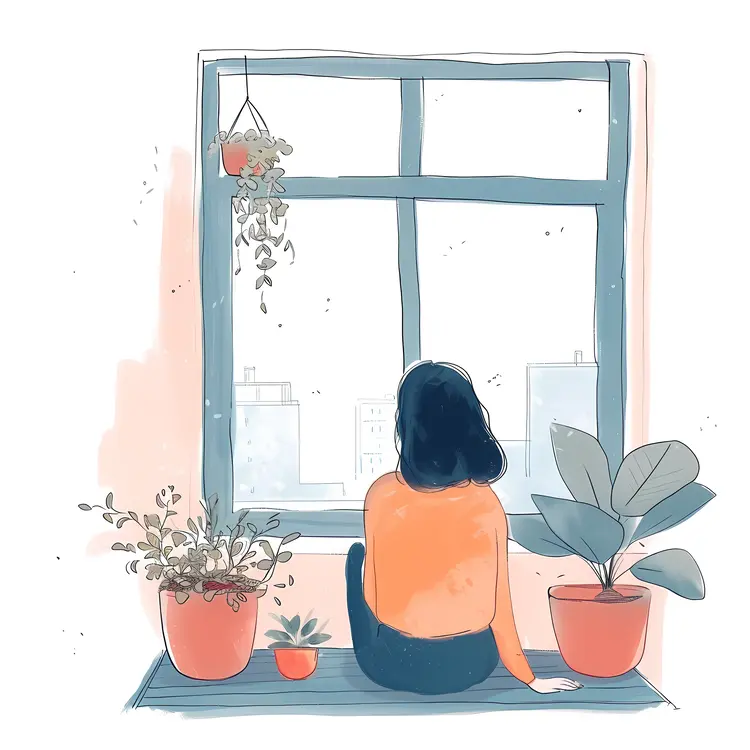 Girl Sitting at Window with Plants