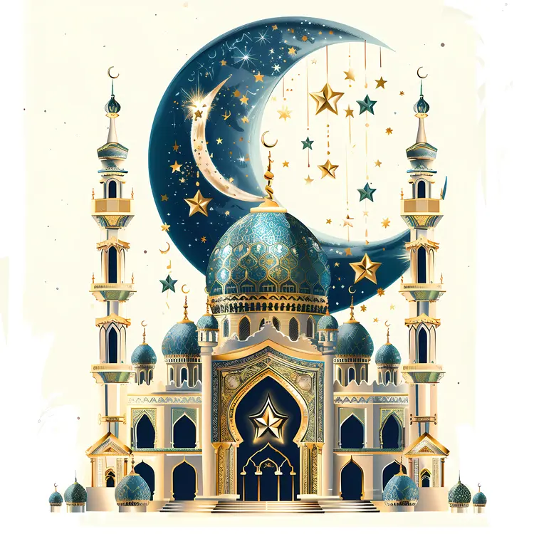 Blue and Gold Mosque with Crescent Moon and Stars