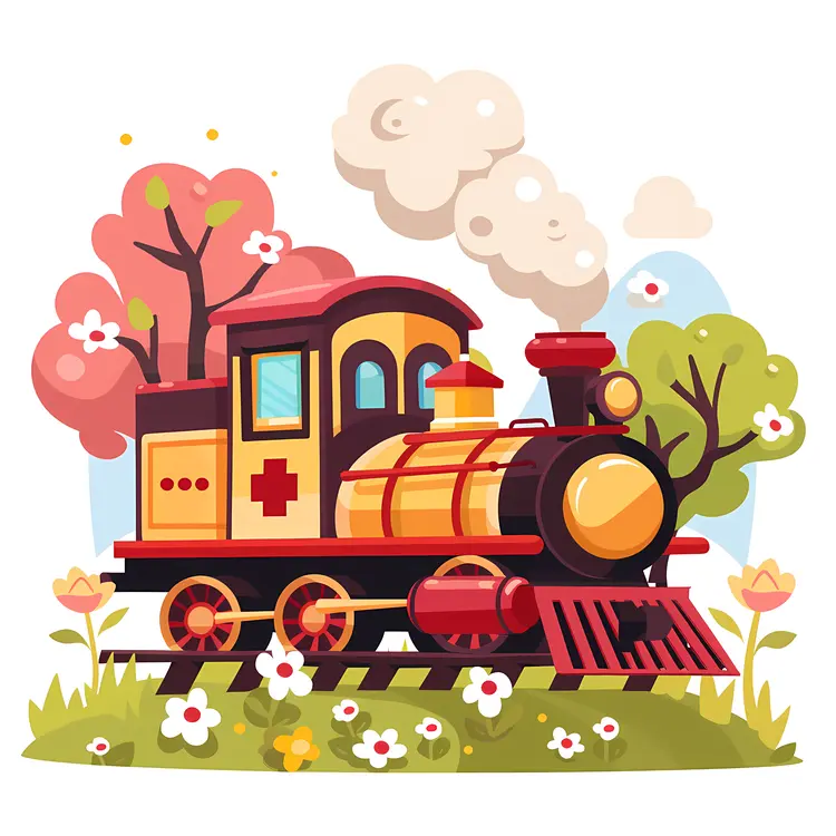 Cute Cartoon Train in a Flower Field