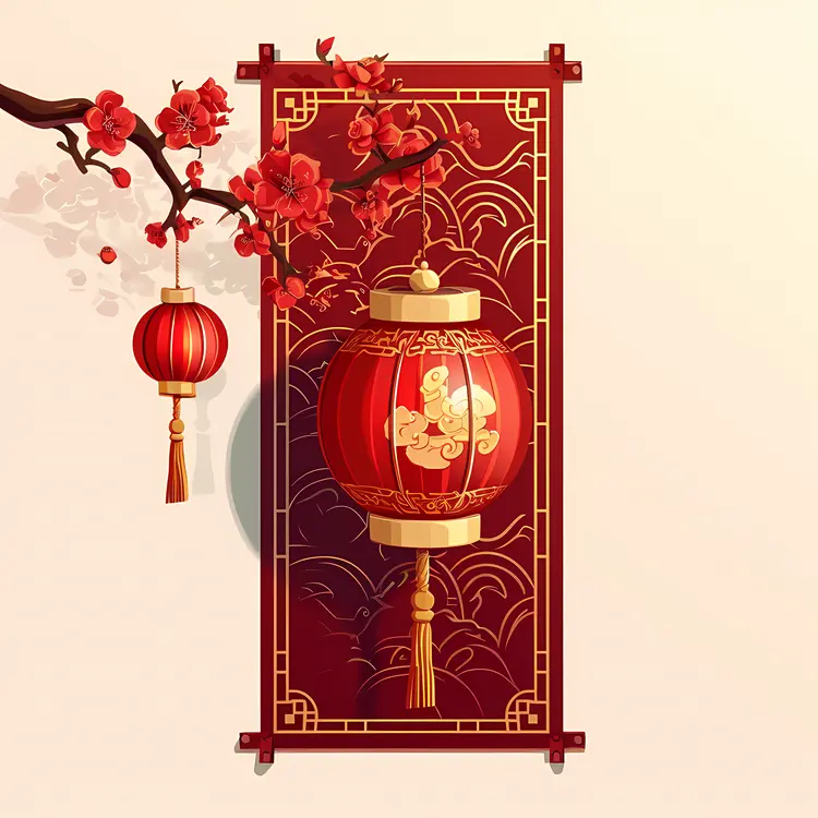 Traditional Red Lantern with Cherry Blossoms