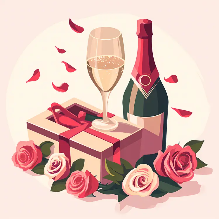 Champagne Bottle and Roses with Glass