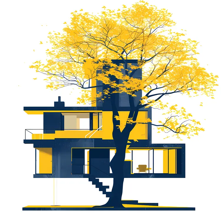 Modern House with Yellow Tree