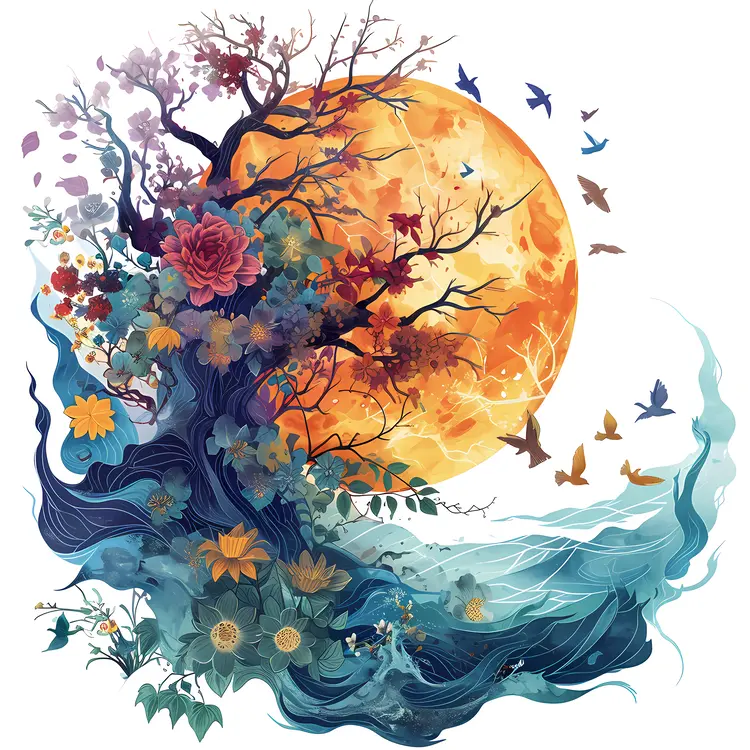 Abstract Tree with Flowers and Moon