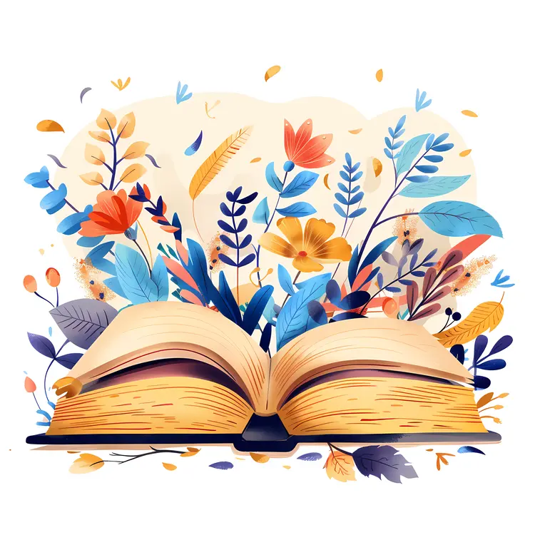 Open Book with Flowers and Nature Elements