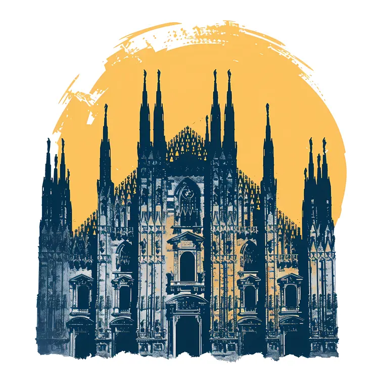 Blue Gothic Cathedral with Yellow Sun