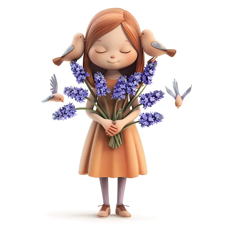 Girl Holding Lavender with Birds