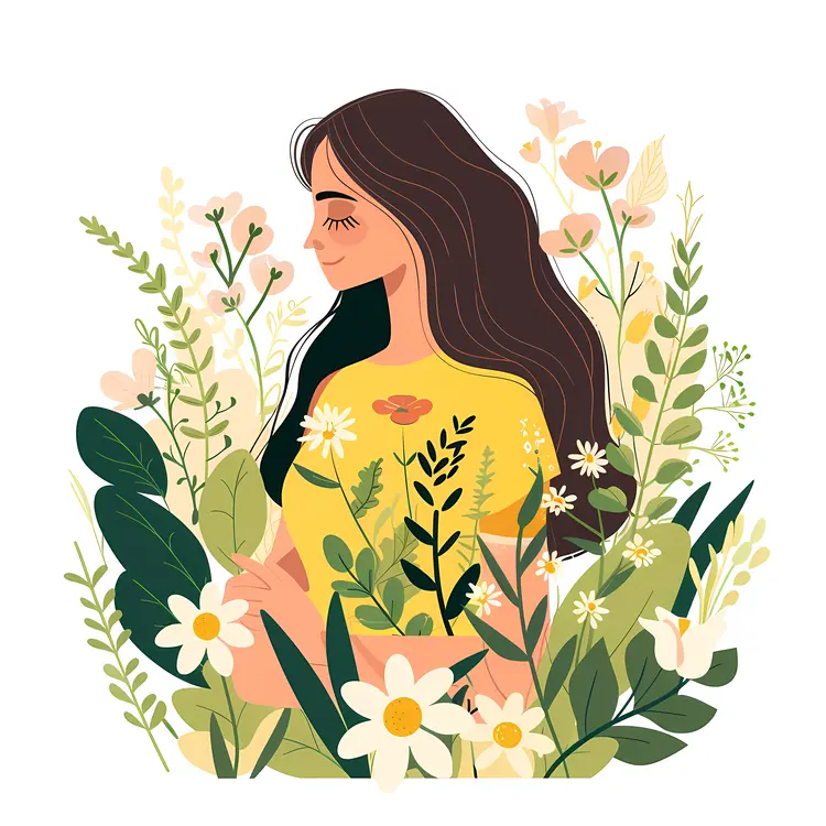 Woman with Flowers in Nature Illustration