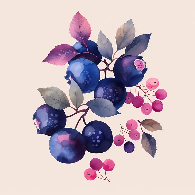 Watercolor Blueberries with Leaves