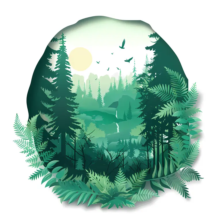 Green Forest with Birds and Sun