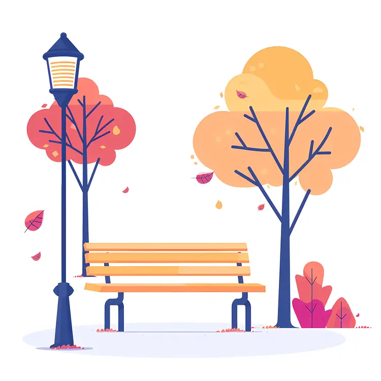 Park Bench with Tree and Lamp Post