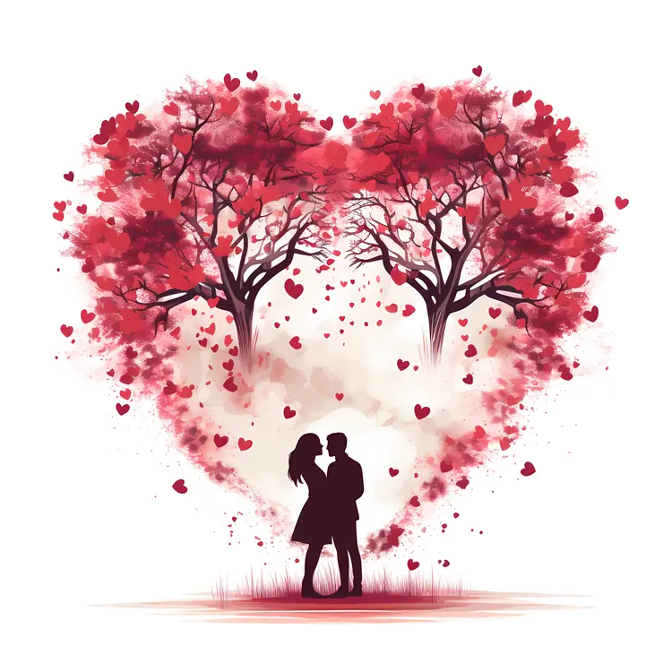 Heart-shaped Tree with Couple and Falling Hearts