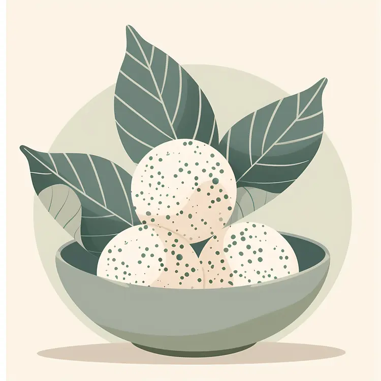 Speckled White Balls in a Bowl with Leaves