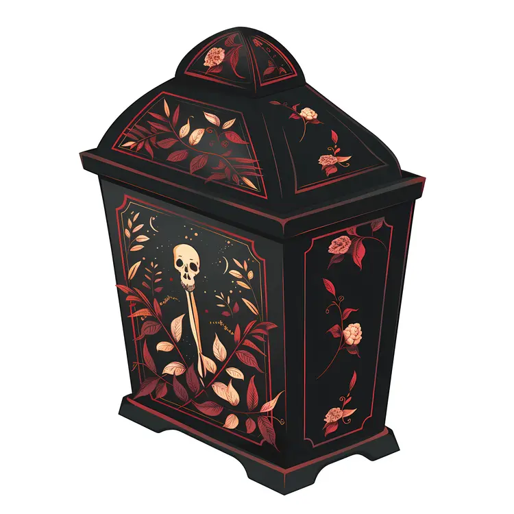 Black Decorative Urn with Skull and Floral Design