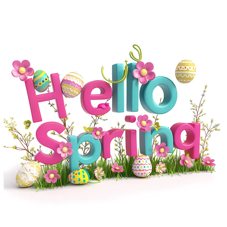 Hello Spring Text with Flowers and Easter Eggs