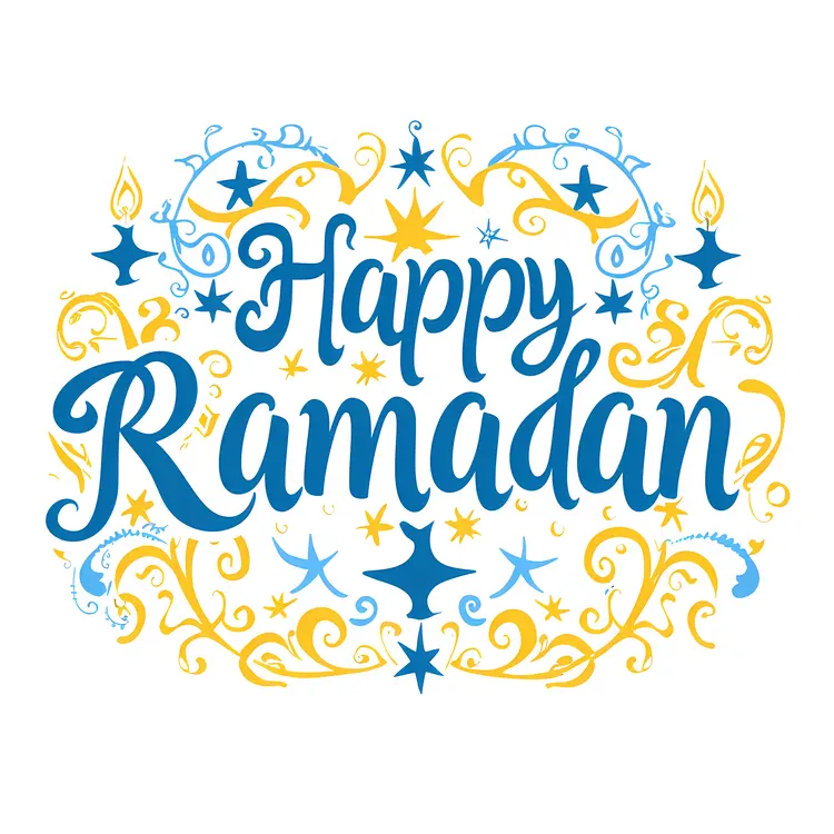 Happy Ramadan with Blue and Yellow Swirls