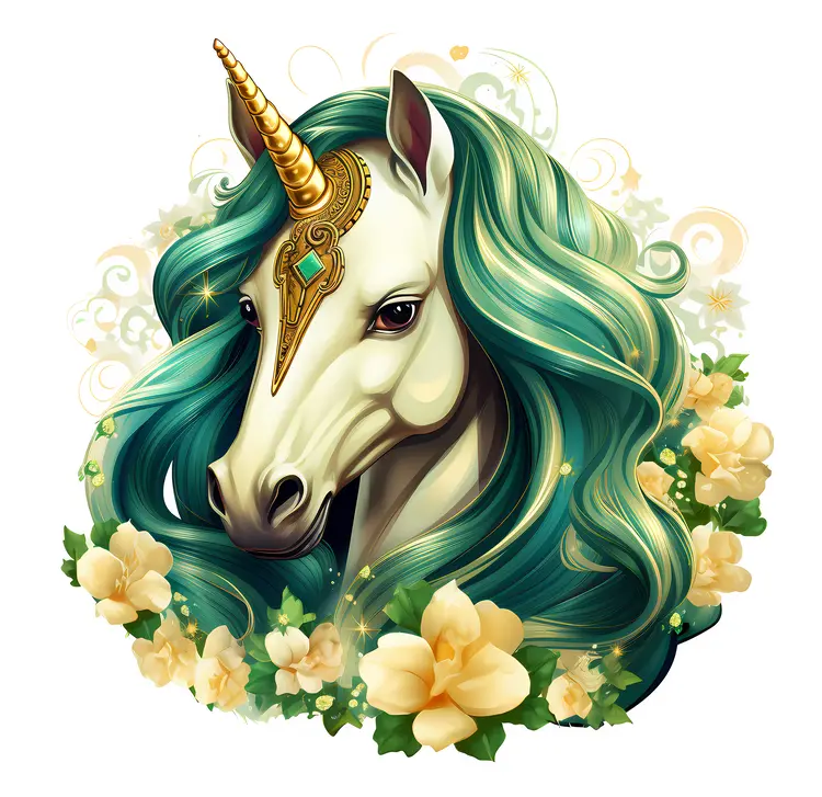 Majestic Green-haired Unicorn with Floral Ornament