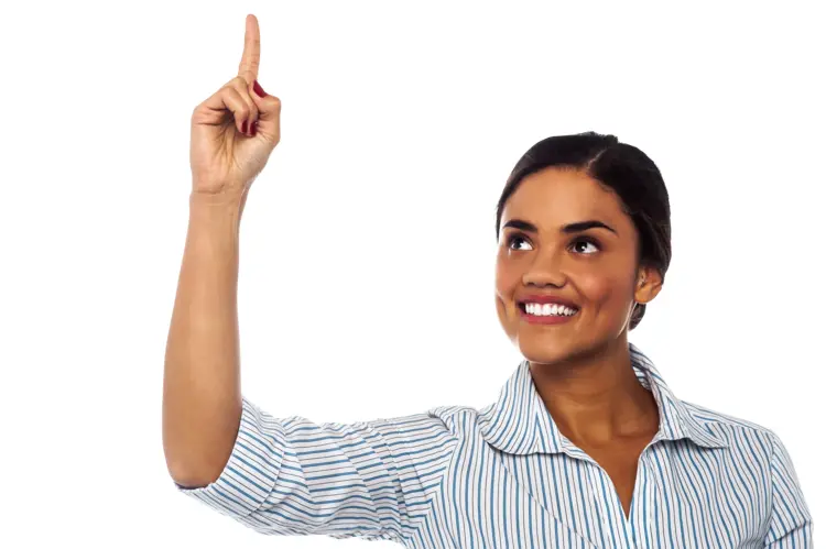 Smiling Woman Pointing Up in Striped Shirt