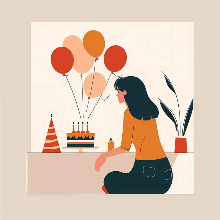 Girl with Birthday Cake and Balloons