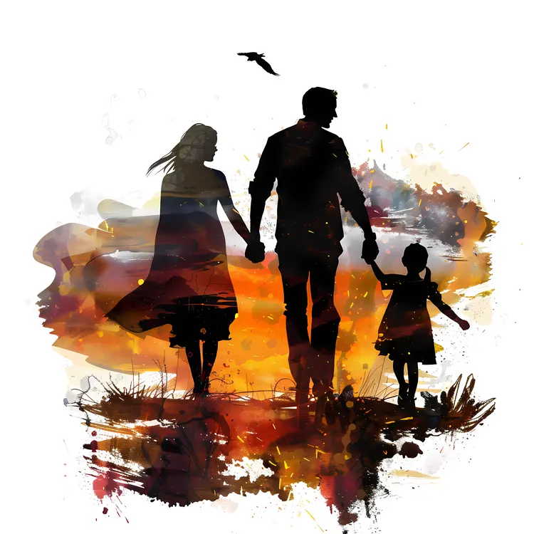 Silhouette Family Walking at Sunset