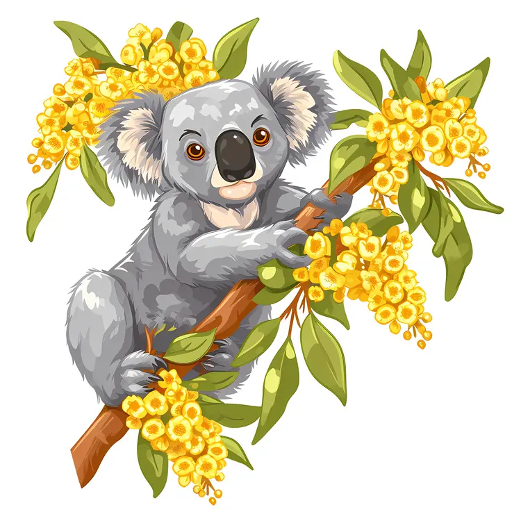 Adorable Koala on Tree Branch with Yellow Flowers
