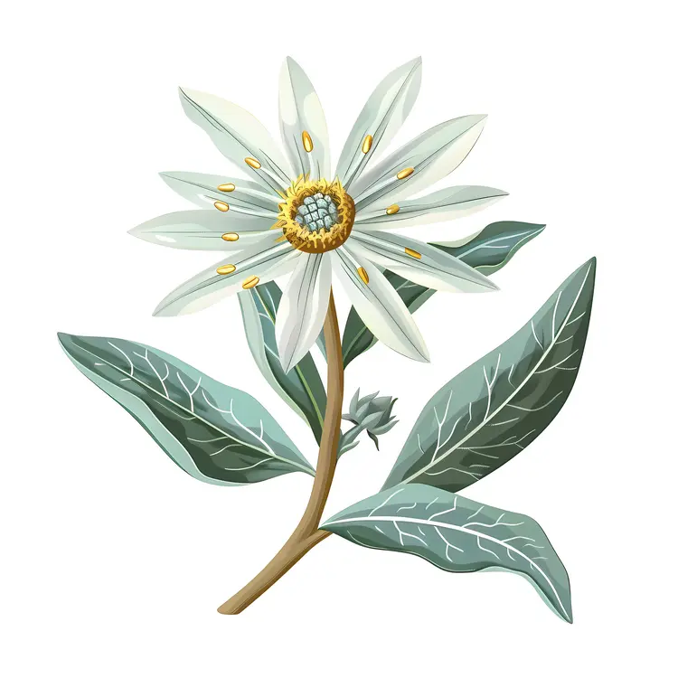 Single White Flower with Green Leaves