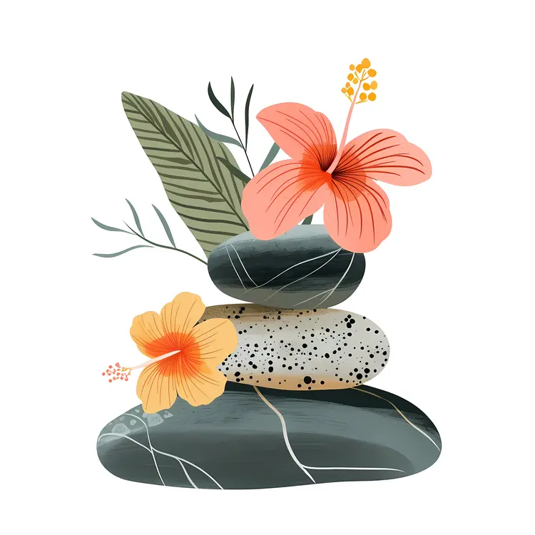 Zen Stacked Stones with Tropical Flowers