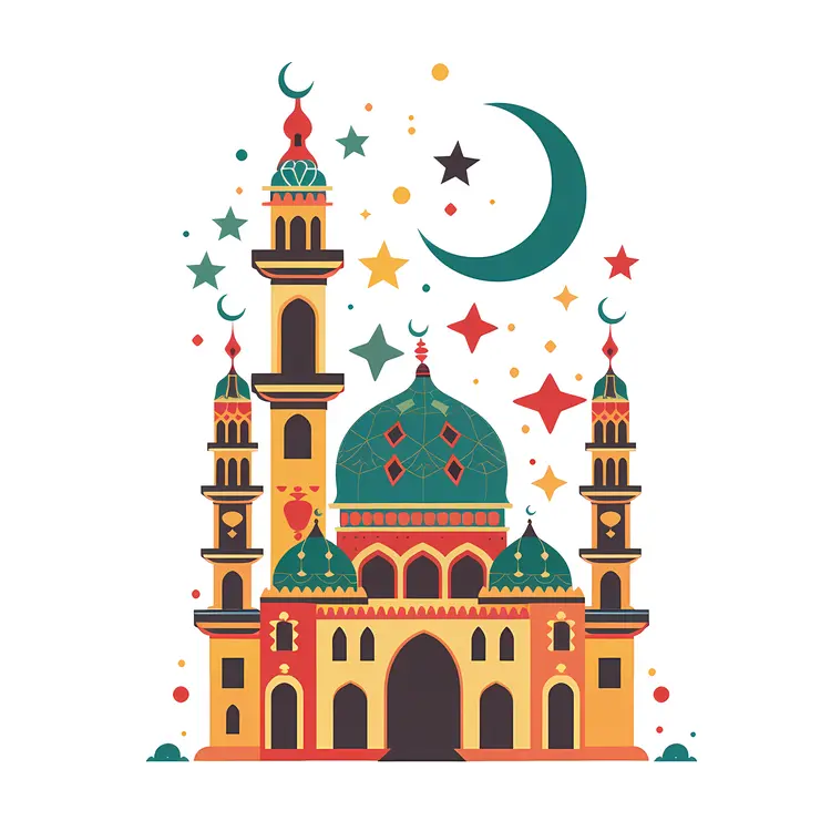 Colorful Mosque with Crescent Moon and Stars