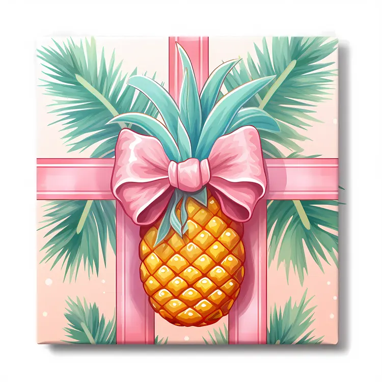 Pineapple Gift Box with Pink Ribbon and Pine Leaves