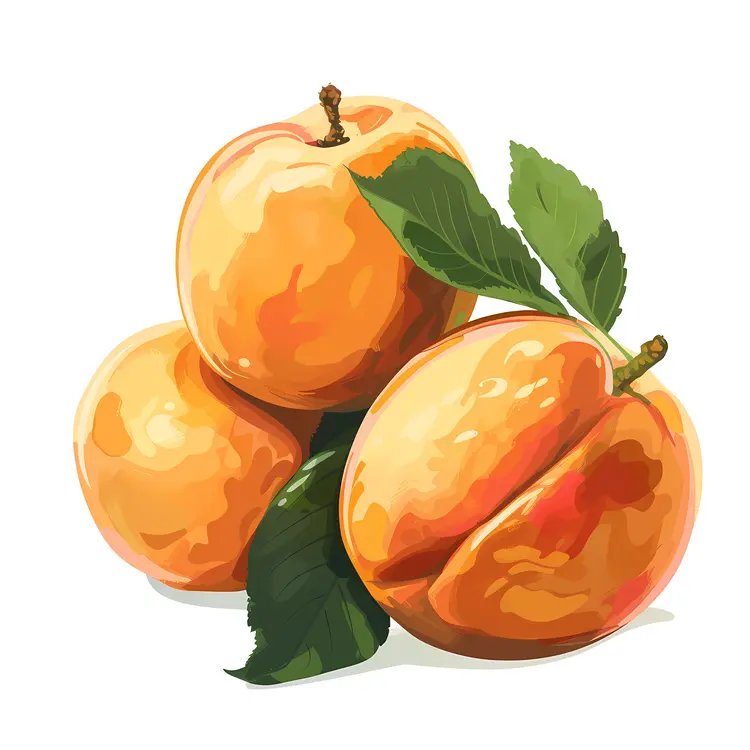Three Orange Apricots with Leaves