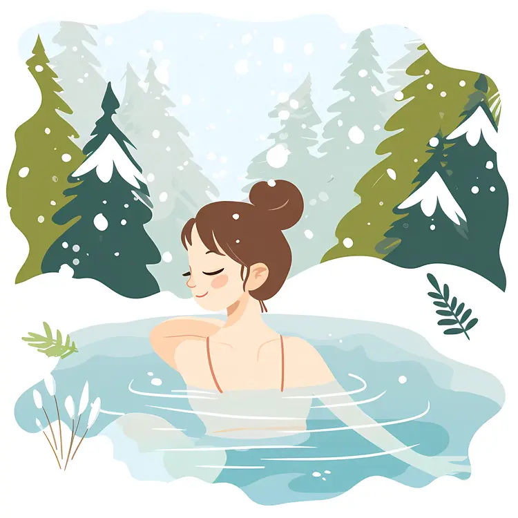 Girl Enjoying Hot Spring in Snowy Forest