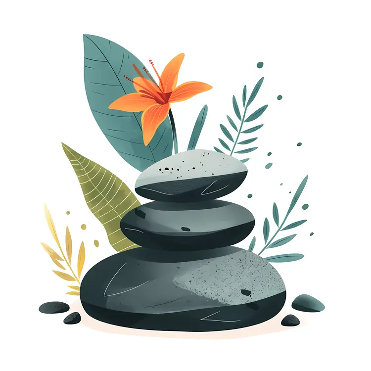 Zen Stacked Stones with Orange Flower and Green Leaves