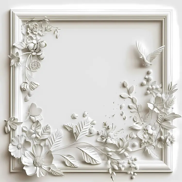 White Flowers and Bird on Square Frame