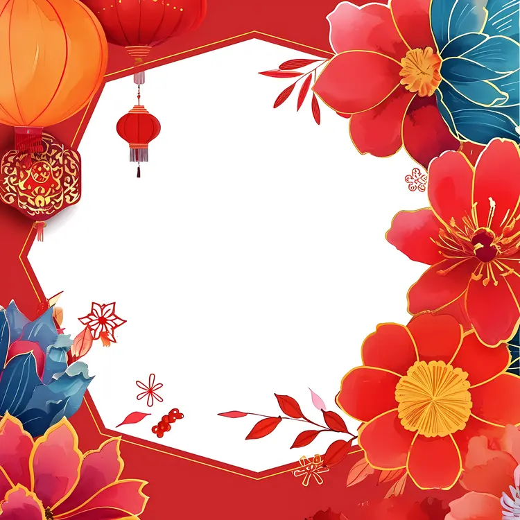 Festive Red Lanterns and Flowers Frame for Chinese New Year