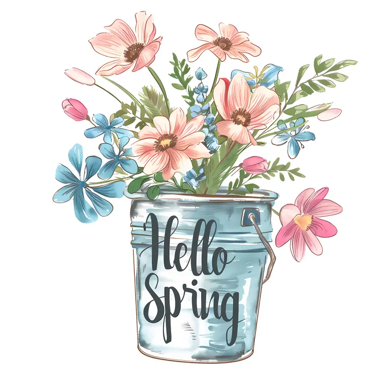 Bucket with Pink and Blue Flowers