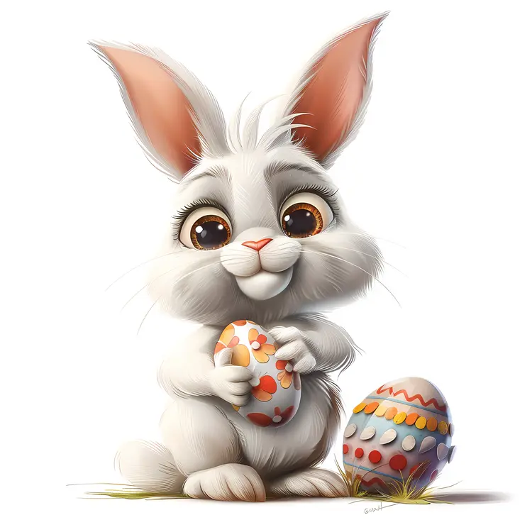 Cartoon Bunny with Decorated Easter Eggs
