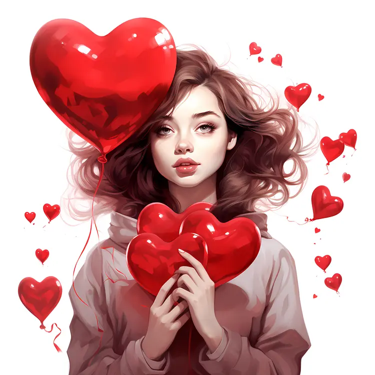 Girl Holding Red Heart Balloons