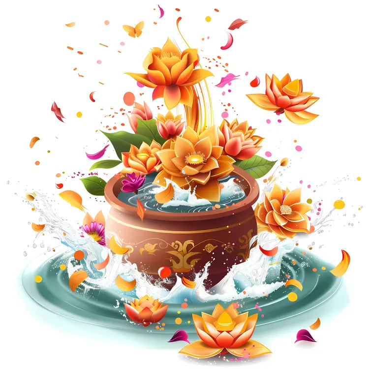 Colorful Lotus Flowers in Water Pot
