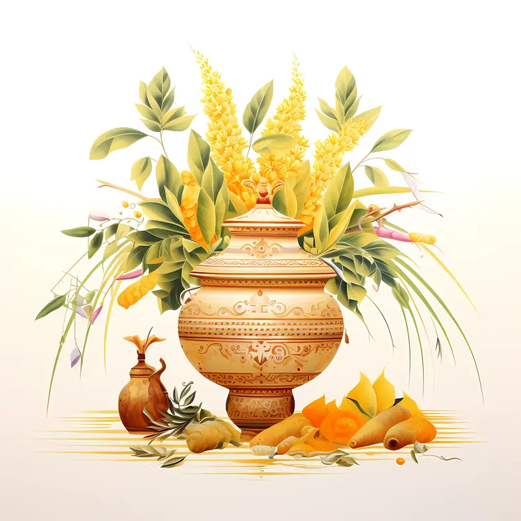 Decorative Vase with Flowers and Leaves