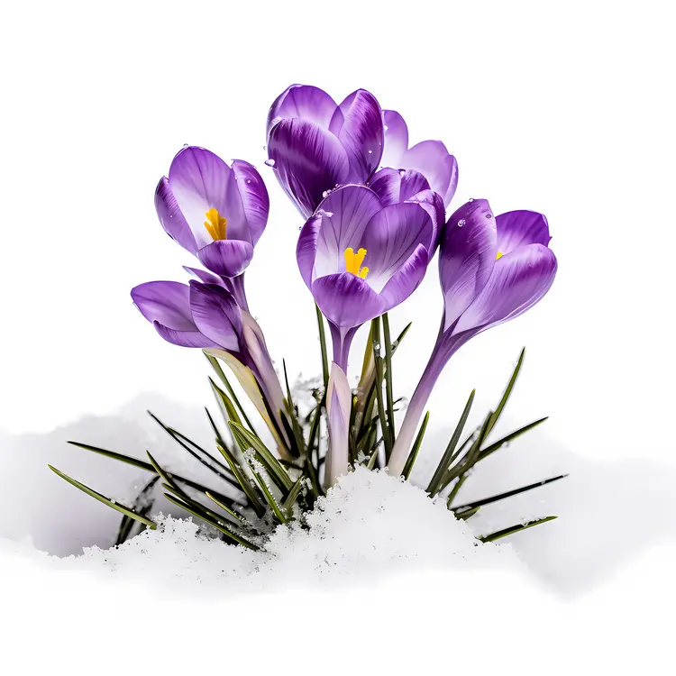 Purple Crocus Flowers in Snowy Nature