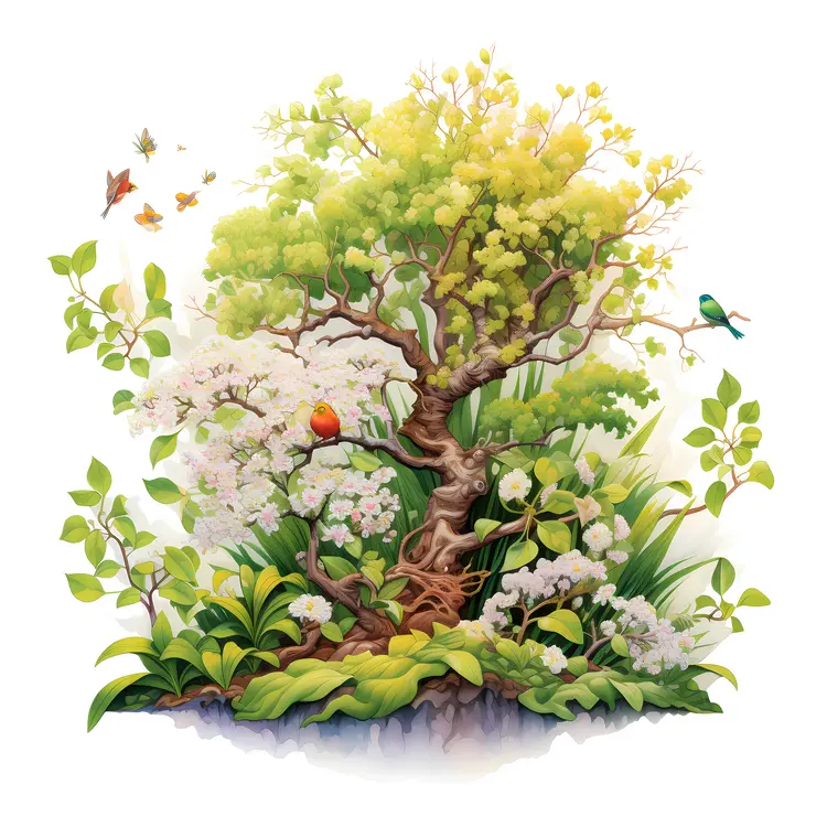 Blooming Tree with Birds