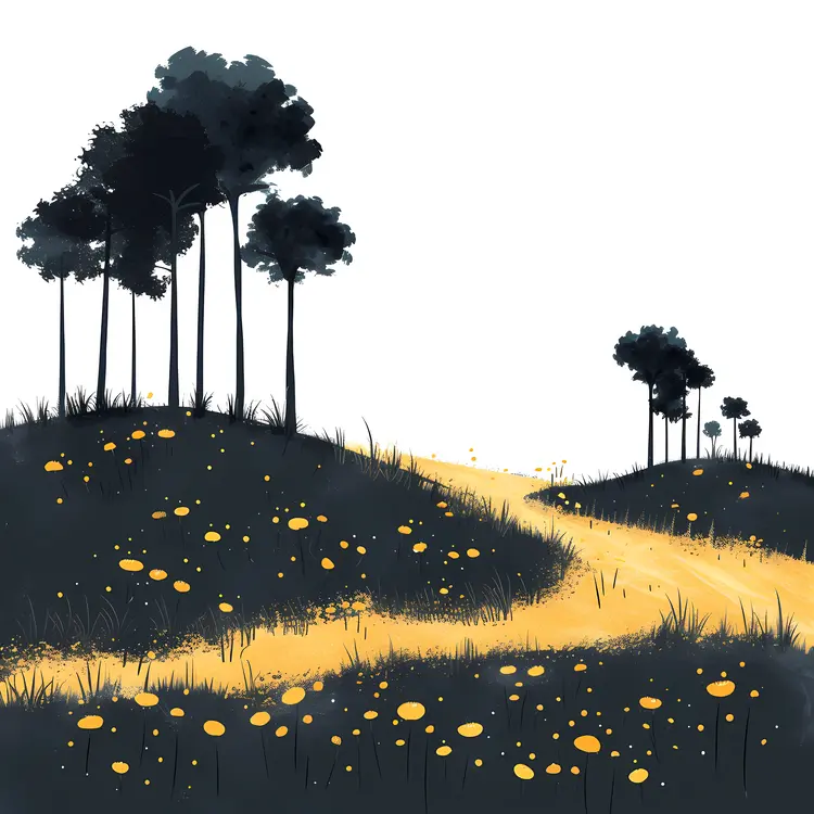 Pathway through Dark Hills with Yellow Flowers