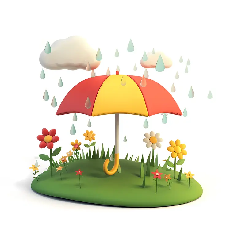 Red and Yellow Umbrella with Flowers and Raindrops