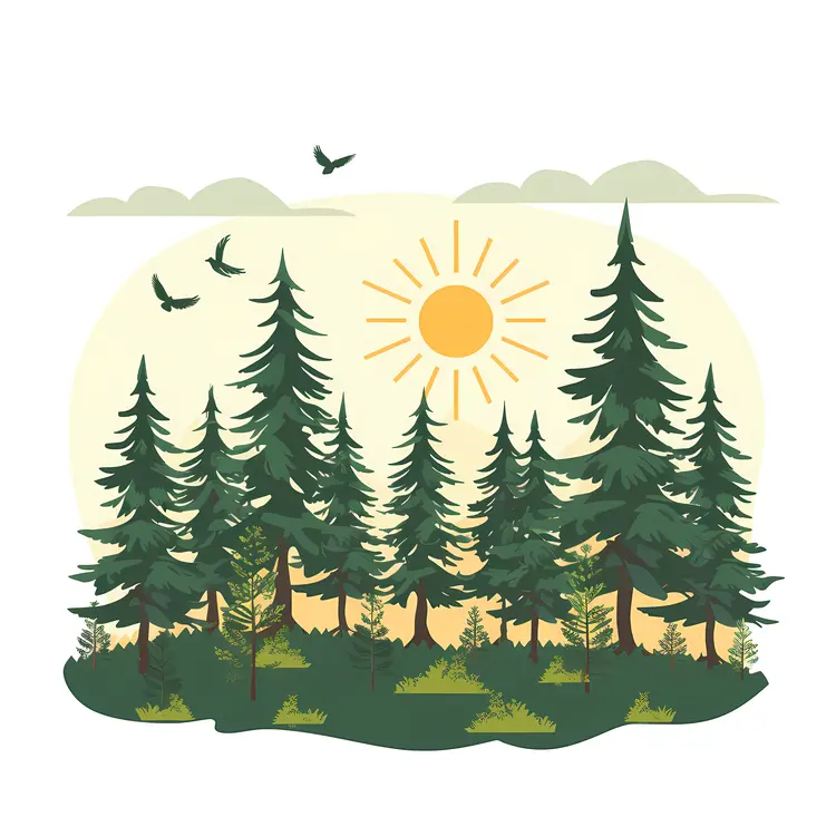 Sunny Pine Forest with Birds